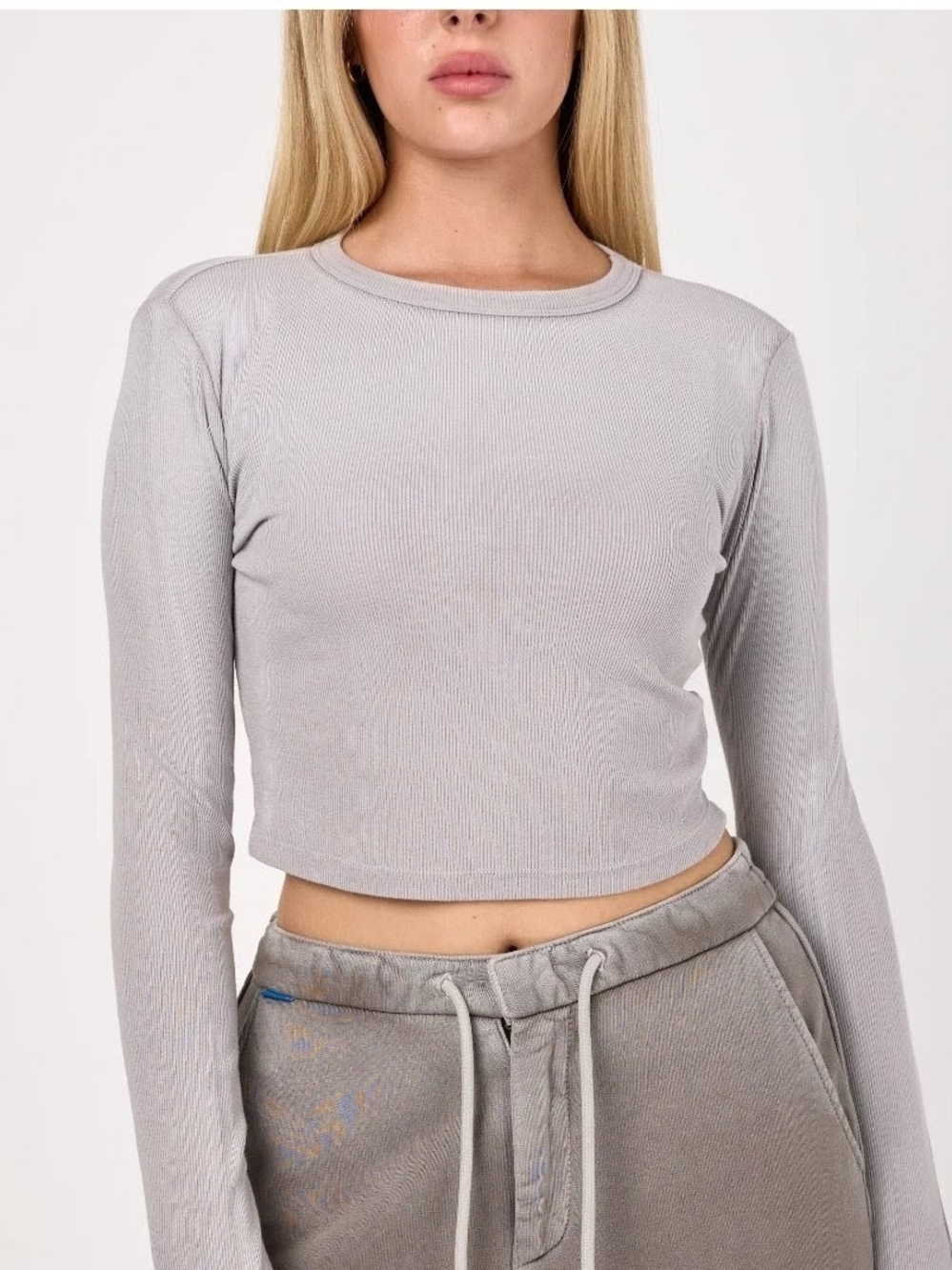 Klassy Network Long-Sleeve Ribbed Crop Top Built In Bra - Light Tan
